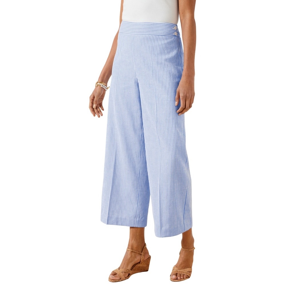 Talbots Pants Womens 16 Blue White Seersucker Stripe Linen Blend Wide Leg Crop